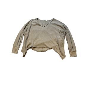 We‎ The Free Top L Large Brown Waffle Knit V Neck Long Sleeve Relaxed Fit